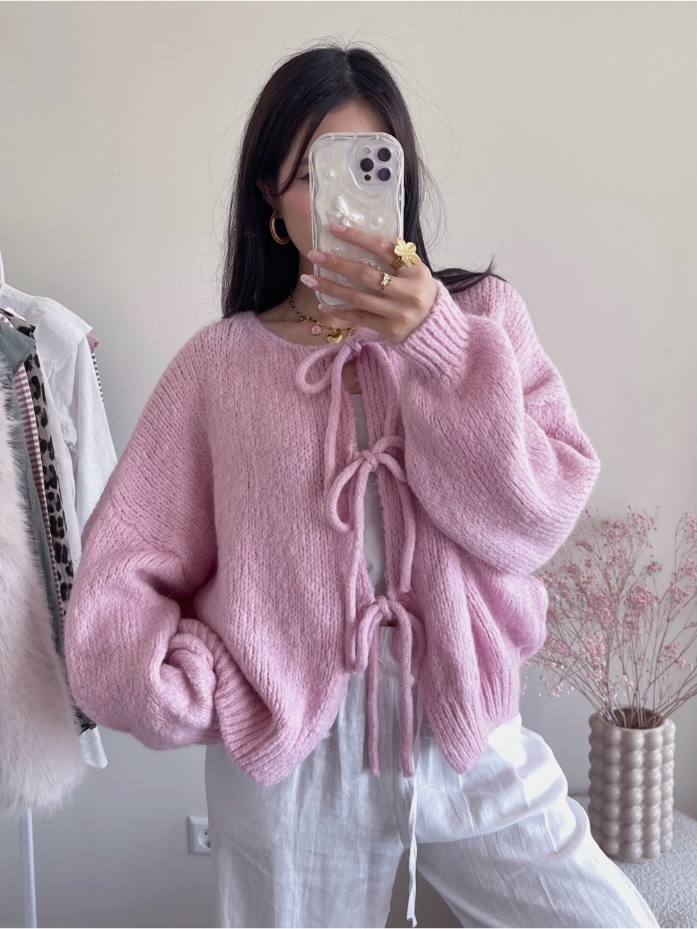 Pink Bow Cardigan Sweater